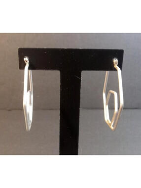 Silver Tone Double Hexagon Hoop Earrings Silver Geometric Minimalist Wire Latch